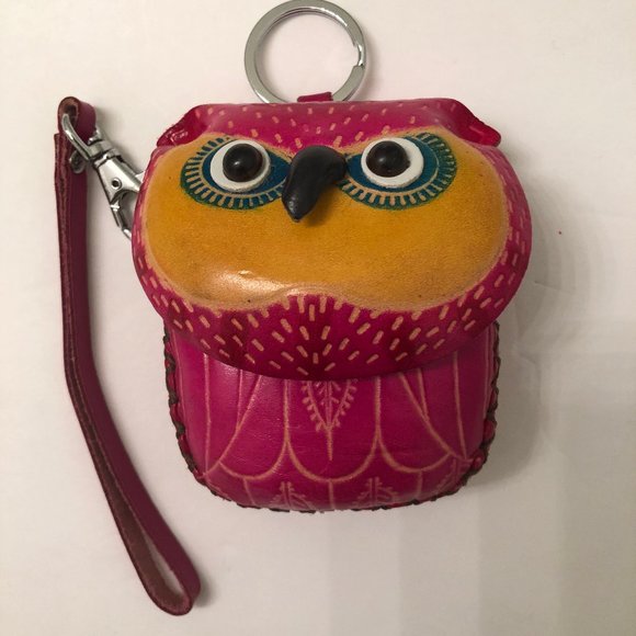 Leather Owl Coin Change Purse Pink Keychain - Picture 1 of 5